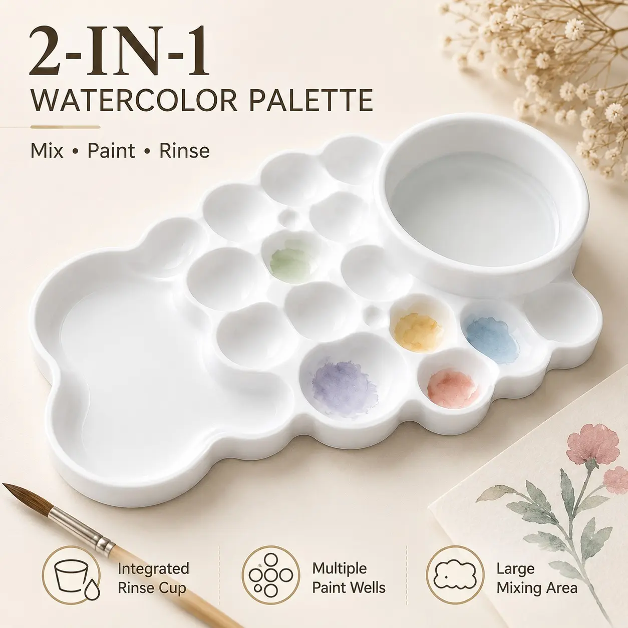 Multi-Compartment Watercolor Palette with Brush Washer, Plastic Paint Mixing Tray, Artist Painting Palette for Watercolor, Acrylic, Outdoor Sketching, Art Class