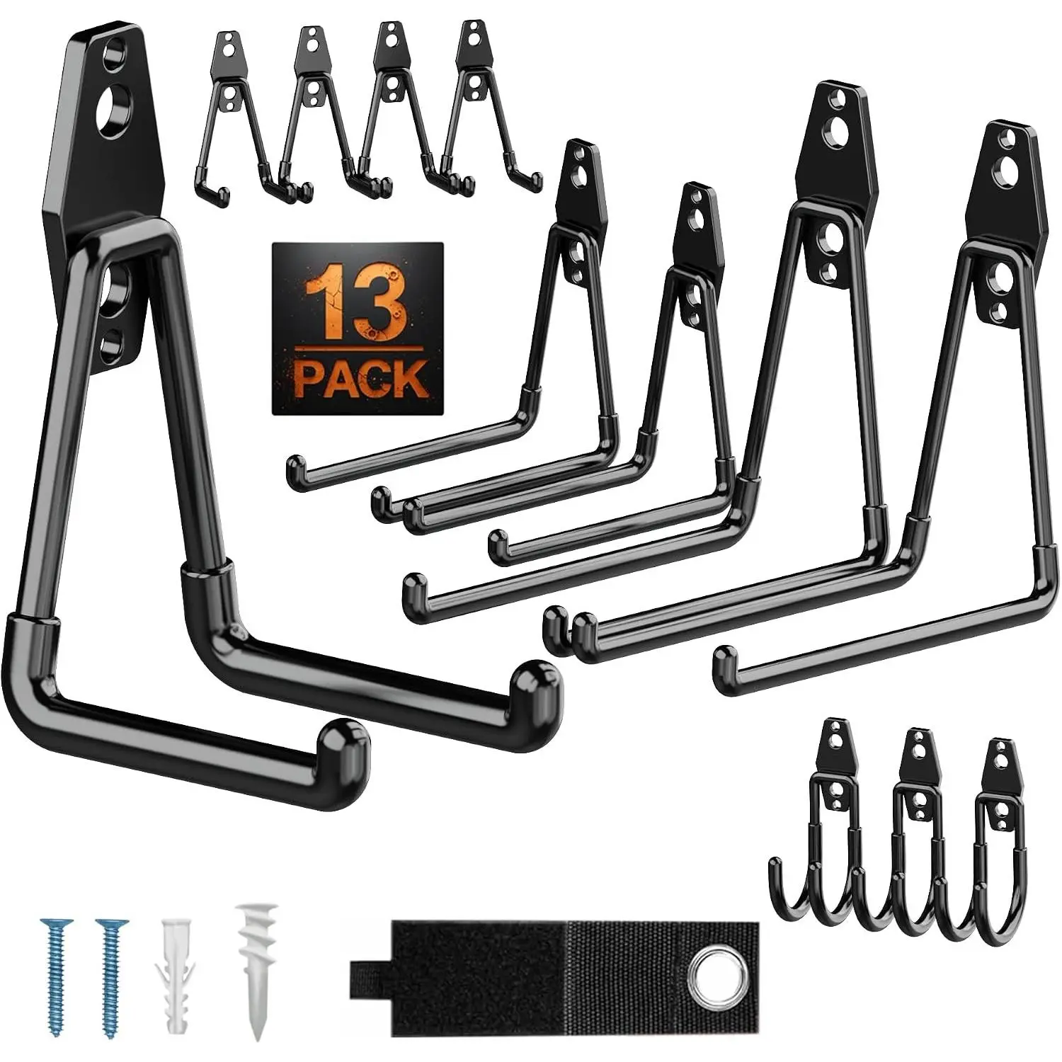 Pack 13 Garage Hooks Heavy Duty | Multi-Sized Wall-Mounted Tool Hangers with Anti-Rust PVC Coating | Heavy Duty Wall Hooks for Bikes, Ladders, Garden Tools, and More with Garage Wall Organizer