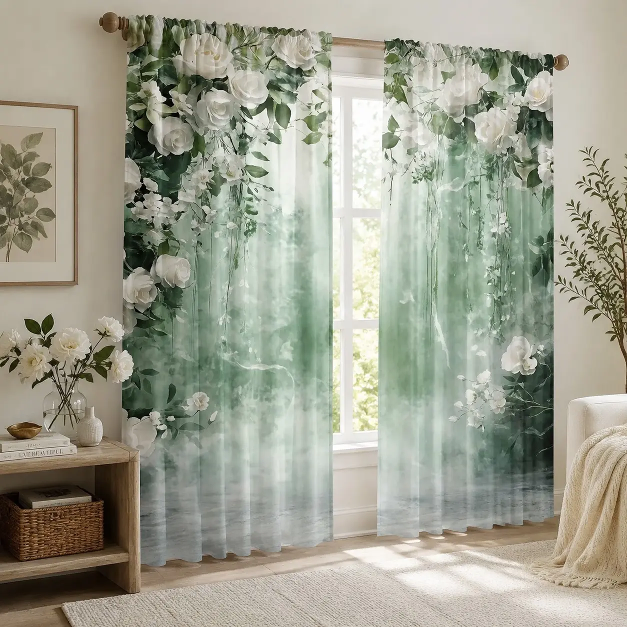 2-Pack Wedding Semi-Transparent Curtains, Floral Leaf Design, Durable Polyester, Home & Office Decor, Holiday Decoration
