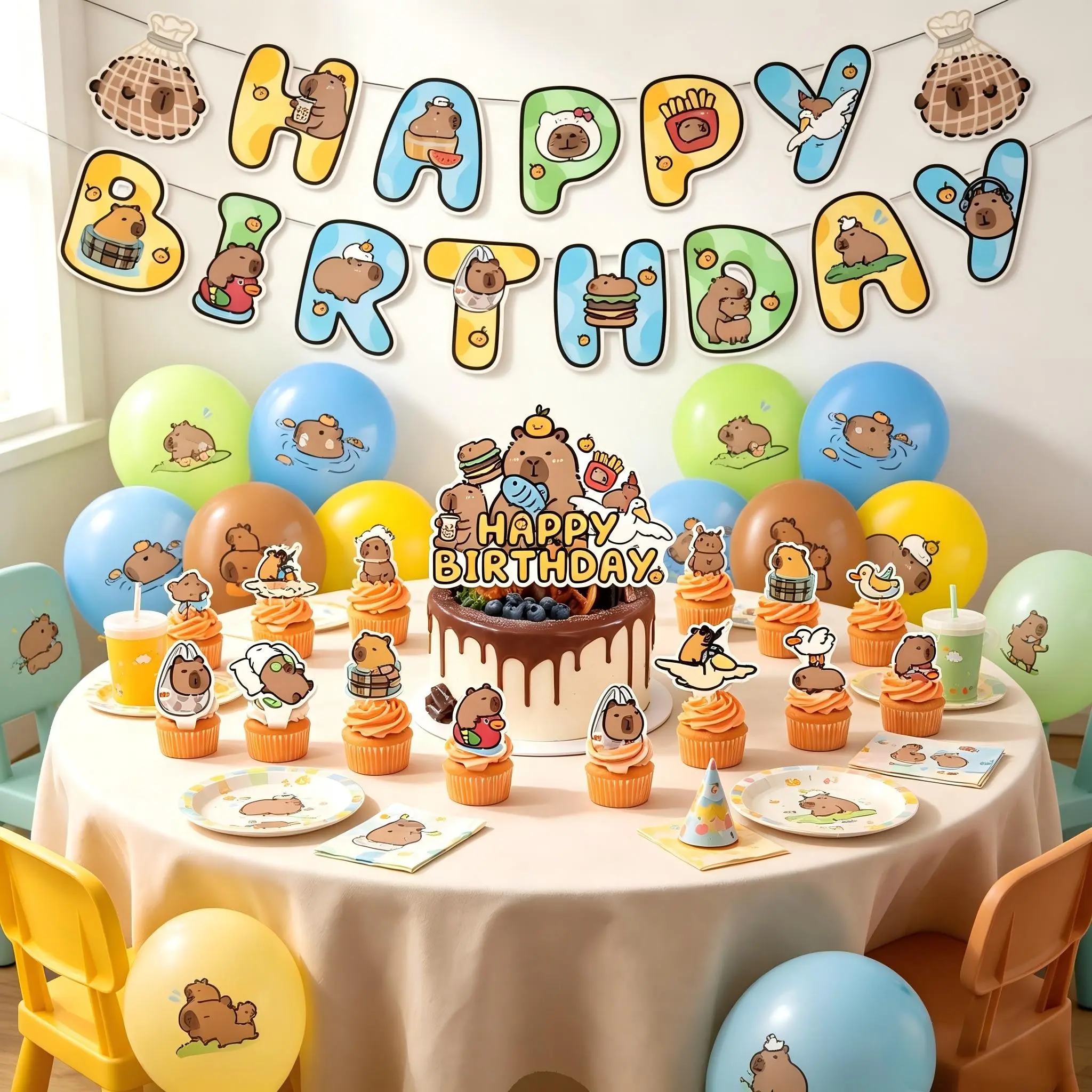 44Pcs/Set Cute Capybara Birthday Party Decorations Set, Water Capybara Happy Birthday Banner, Cartoon Latex Balloons, Cake Toppers Kit, Aesthetic Party Supplies, Birthday Scene Decor, Photo Props, Ideal Party Favors & Gift for Capybara Lovers
