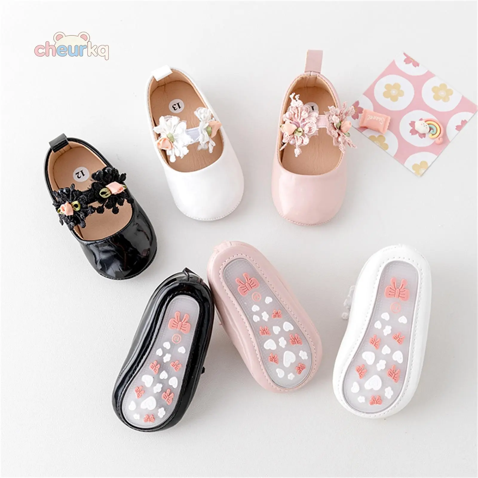 Baby Girl Premium PU Flats Infant Flower First Walker Crib Shoes for Party, Festival, Baby Shower