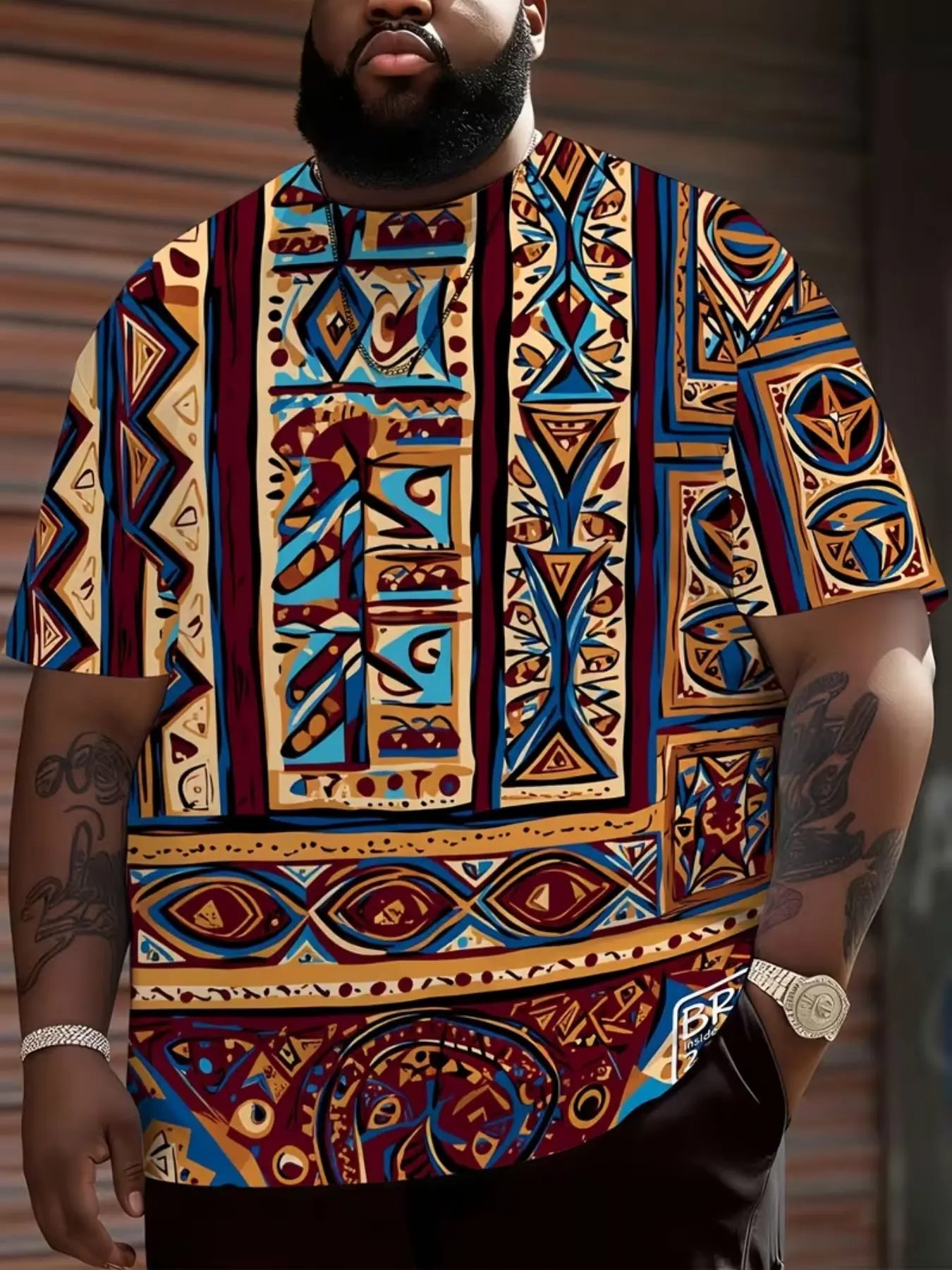 Men's African Print Dashiki Shirt, Traditional Tribal Pattern Short Sleeve Top, Ethnic Clothing, Bright Colors and Geometric Design, Plus Size
