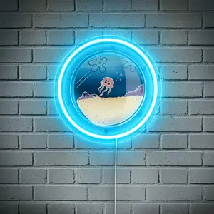 Wall-mounted Bikini Bottom Jellyfish Window Acrylic Engraved Neon Light | Home Ambient Lighting, USB Powered Dimmable, Perfect for Kids' Rooms, Rooms, Designer Toy Stores, Birthday Gifts, Halloween, Christmas, Outdoor Themed Restaurants, etc.