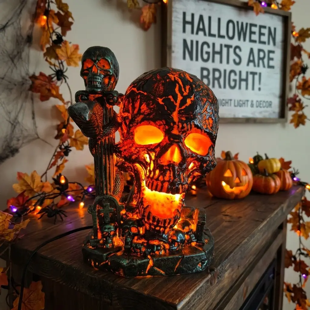 Halloween Resin Skull Lamp, LED Glowing Skull Decor Light, Spooky Desktop Ornament, Home Table Party Horror Holiday Decoration Gift