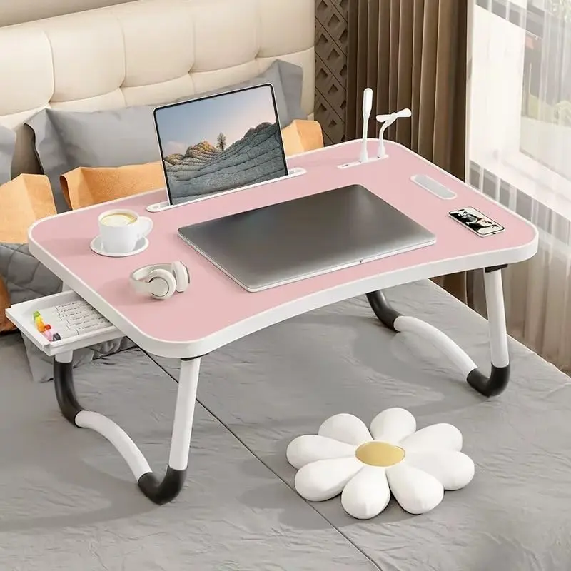 Portable Laptop Desk with USB Light & Fan, Foldable Adjustable Lap Table with Cup Holder & Tablet Slot, Bed Tray for Working, Reading, Eating on Sofa, Bed, Couch (Pink)