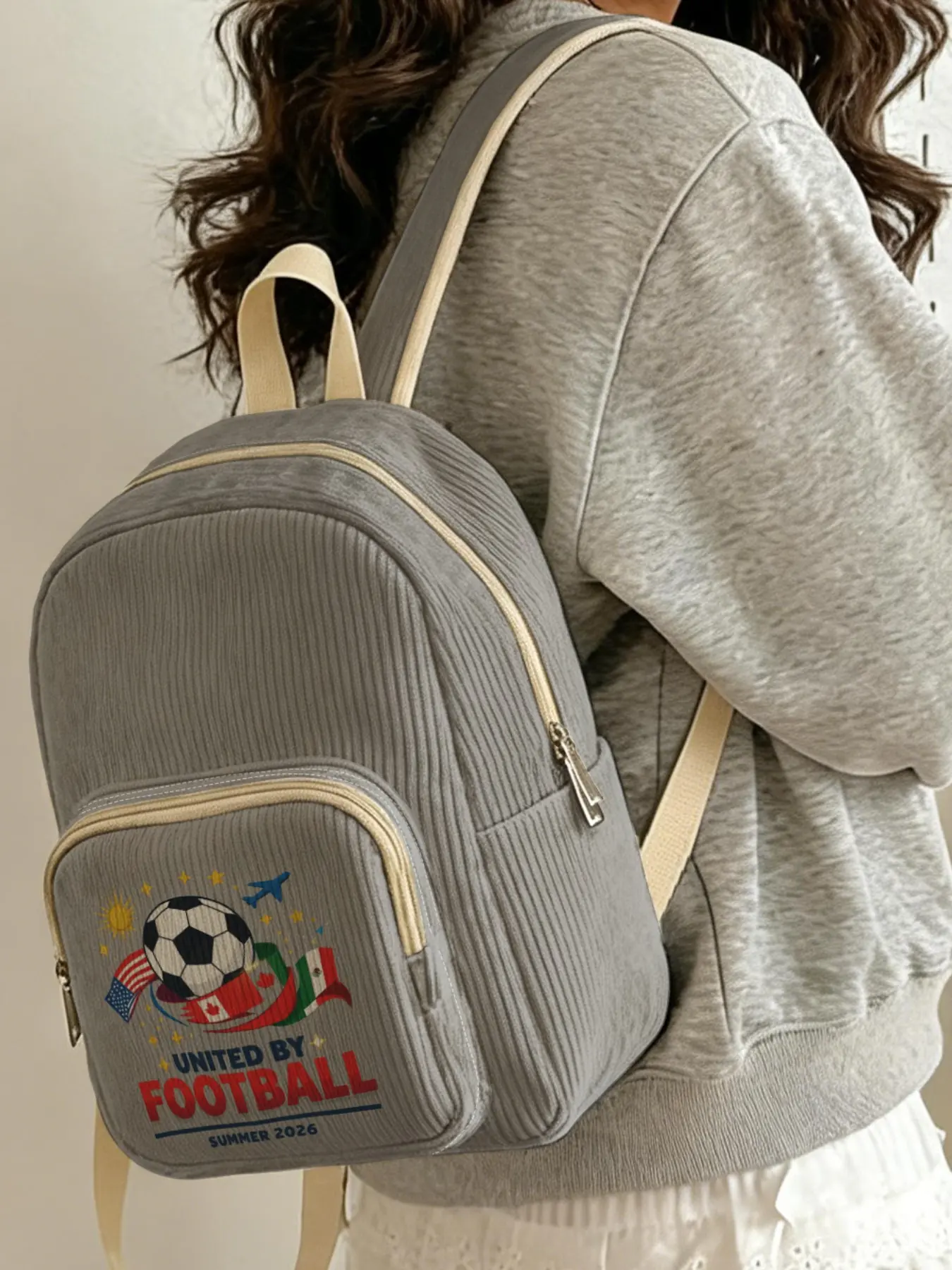 2026 Usmca World Cup Football Theme Women's Backpack, Velvet Texture, Layered Storage, Lightweight, Ideal for School, Shopping, Short Trips