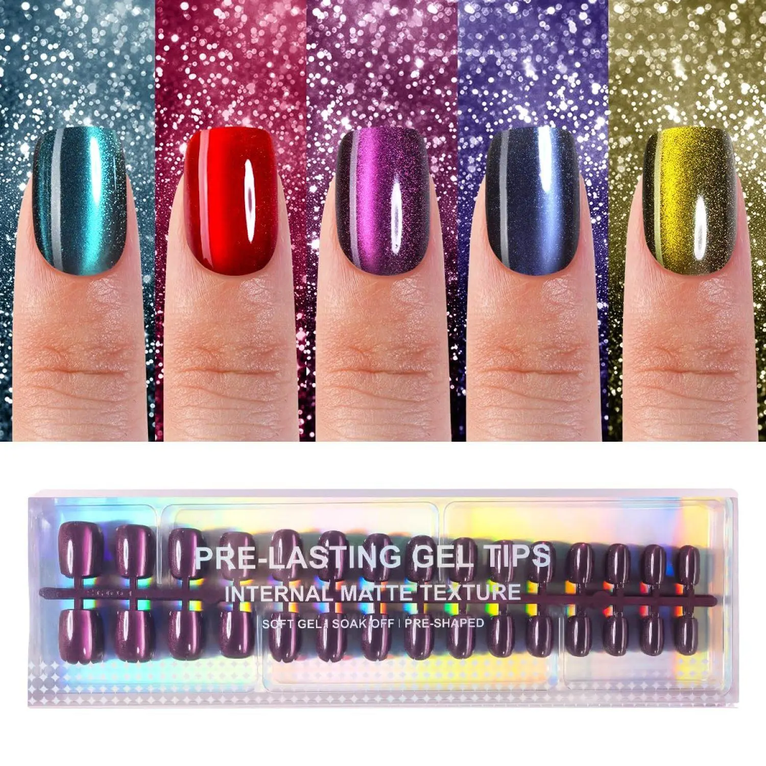 150Pcs Cat Eye Press on Nails Short Square,  Soft Gel Fake Nails, Glossy Glitter Cat Eye Nail Tips for Women and Girls Stick On Nails in 15 Sizes