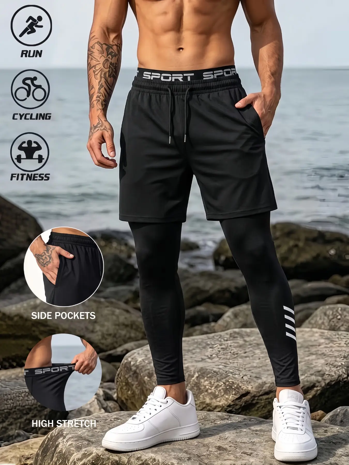 Men's 2-in-1 Athletic Set, Drawstring Shorts + Compression Pants, Fashion Print, Breathable Quick-Dry High Elastic Fabric, Athletic Bottoms, Ideal for Gym Training, Running, Cycling, Basketball & Outdoor Sports