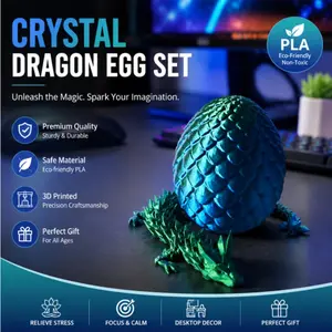3D Printed Crystal Dragon Egg Set, Articulated Joint God Dragon Figurine, Stress Relief Multicolor Dragon Egg Desktop Decor, Unisex Gift