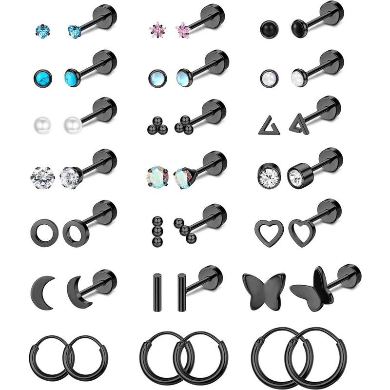 Jstyle 21 Pairs Stainless Steel Stud Earrings for Women Cartilage Trague Stud Earrings Hypoallergenic CZ Earrings Studs Pearl Stud Earrings Silver Star Round Ball Stud Novelty Earrings Set Daily