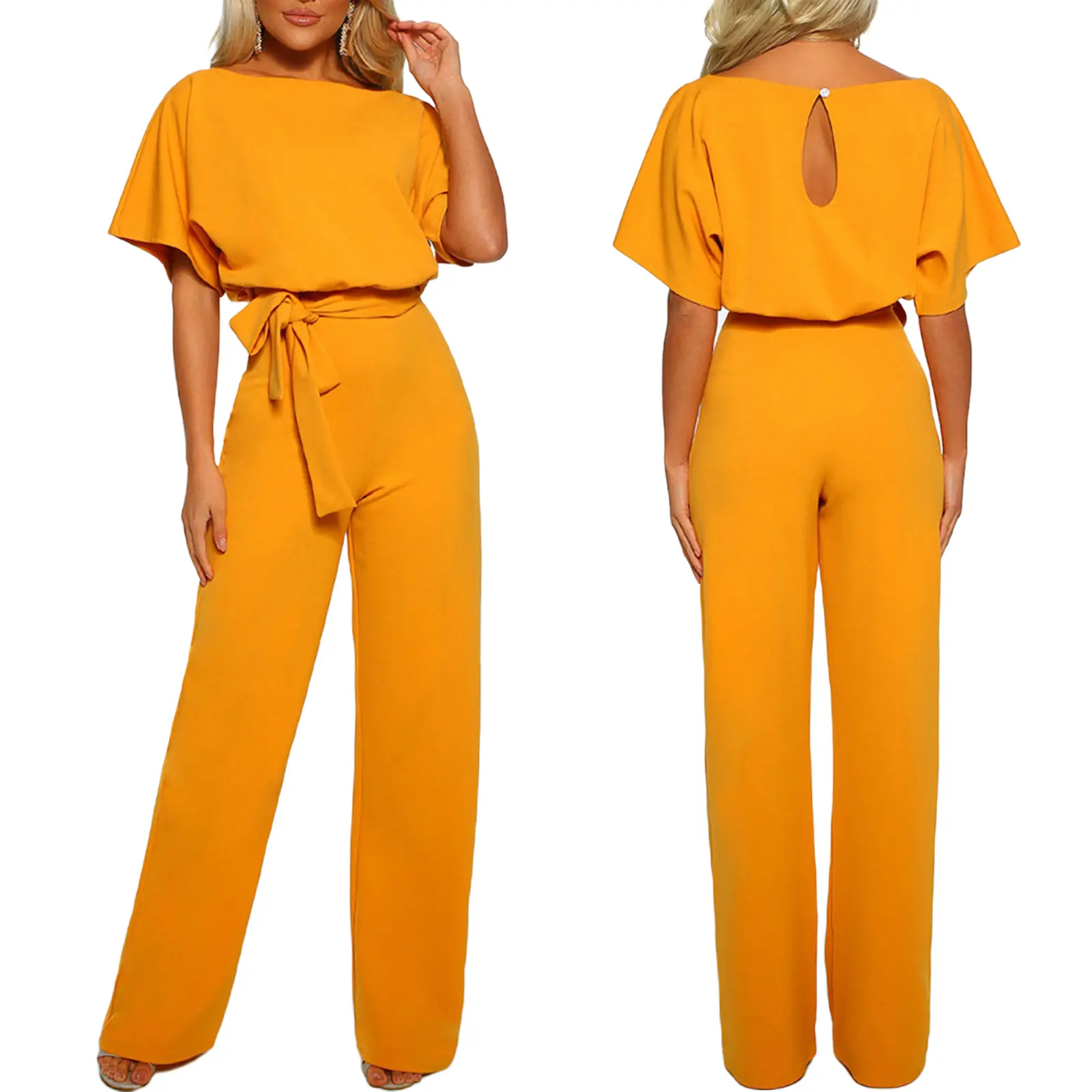 Women Jumpsuit, Elegant Short Sleeve Hollowed Waist Tie Solid Summer Wide Leg Pants