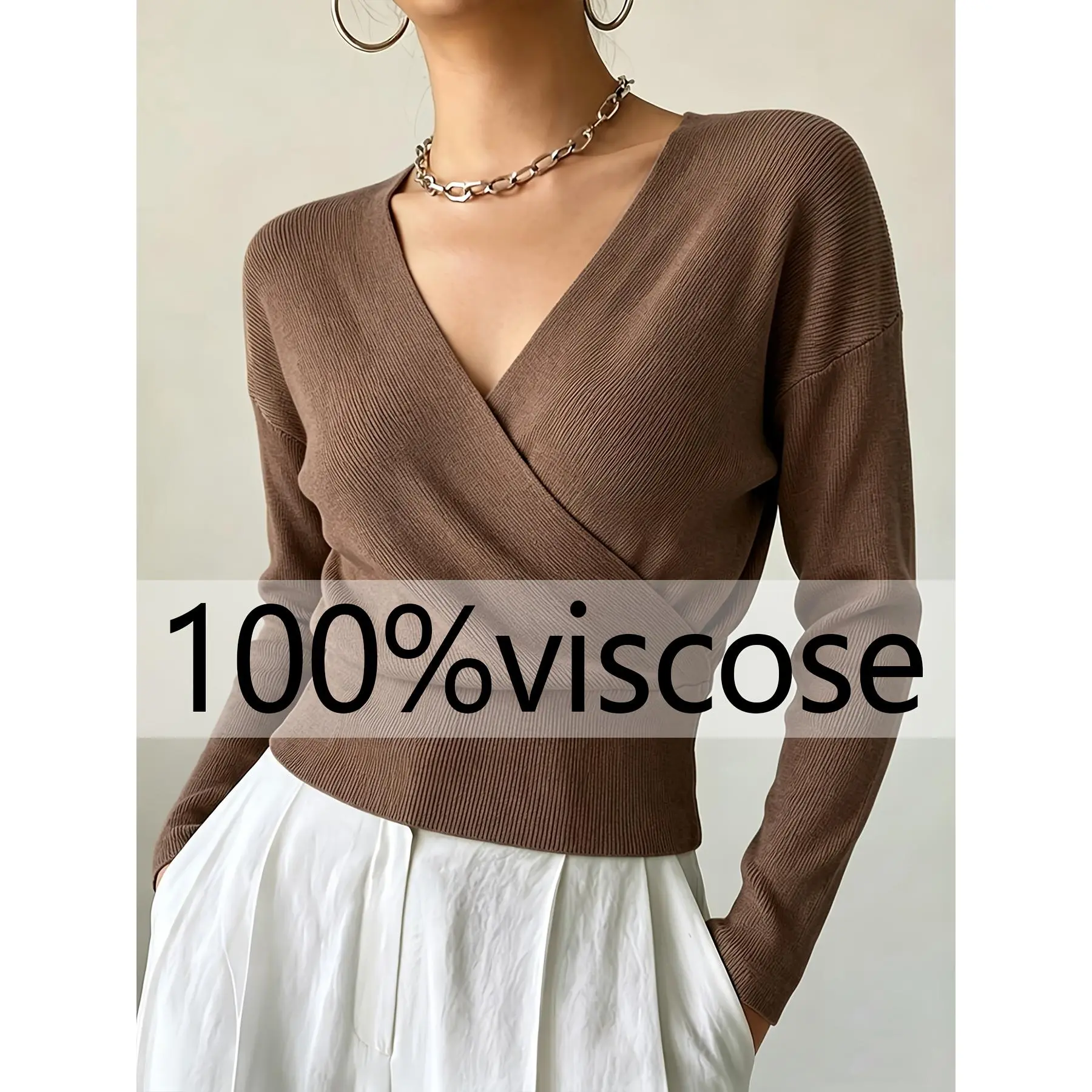 Women's Fall/Winter Cross-Neck Pullover, Versatile Temperament, Loose Fit, Machine-Washable Long Sleeve Sweater