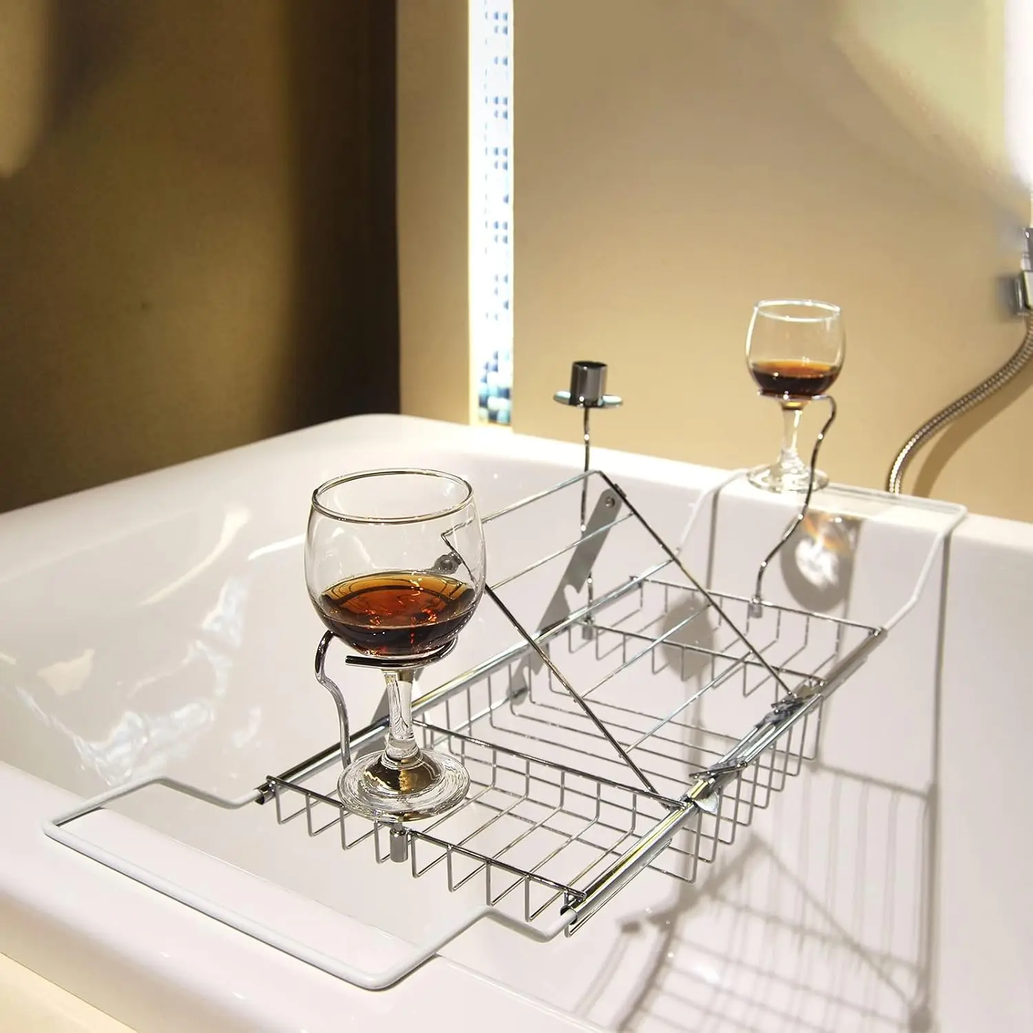 Bathtub Tray Caddy for Luxury Bath Expandable Bath Tub Tray (Silver) | Expandable Length,Extra Wide,2 Removeable Wine Glass Holder,Soap Accessaries Holder,Laptop Reading,Bath Tools Organize