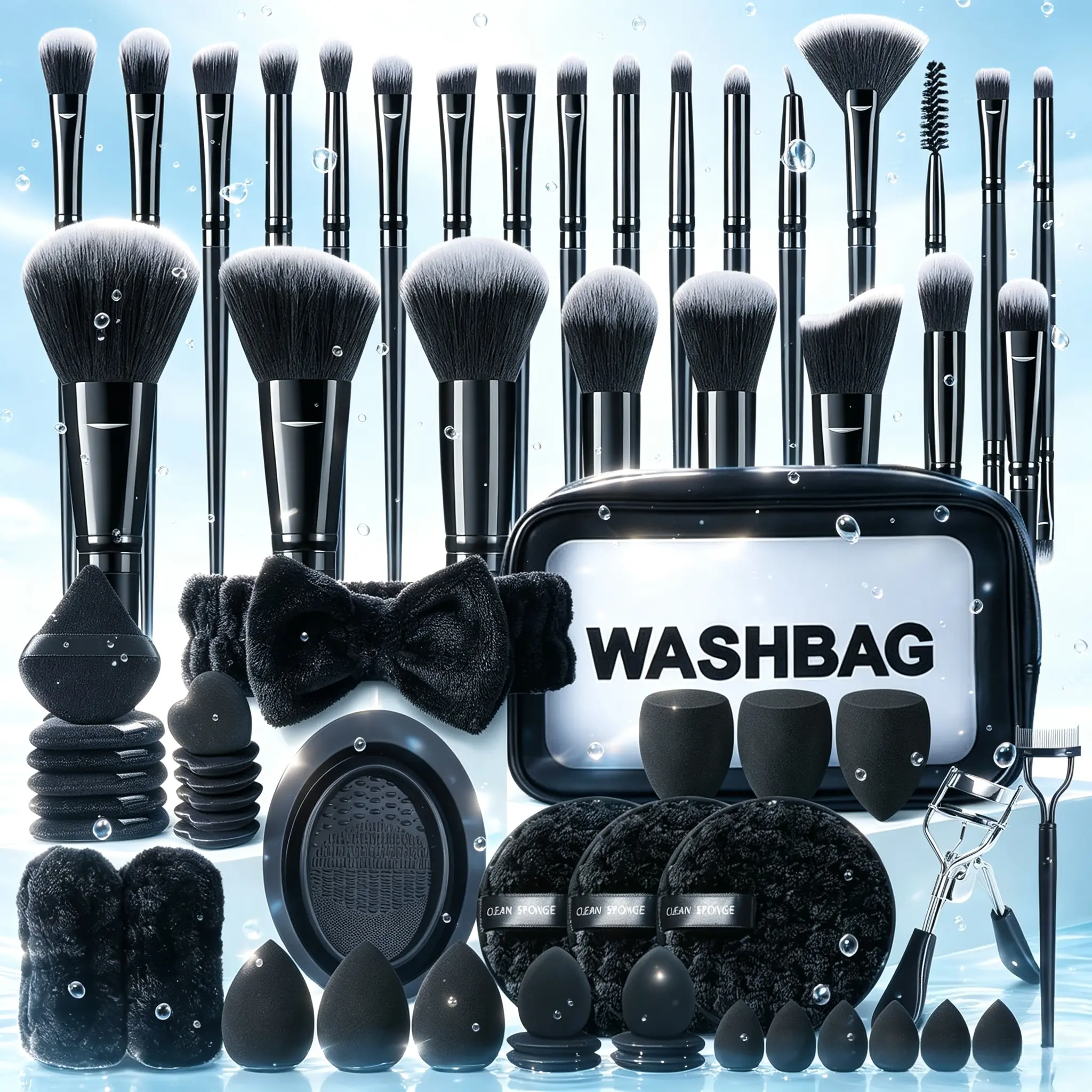 All Black Beauty Tool Set, Soft Makeup Brushes Wet & Dry Puffs Sponges Silicone Cleaner, Affordable All-round Cosmetic Kit For Students