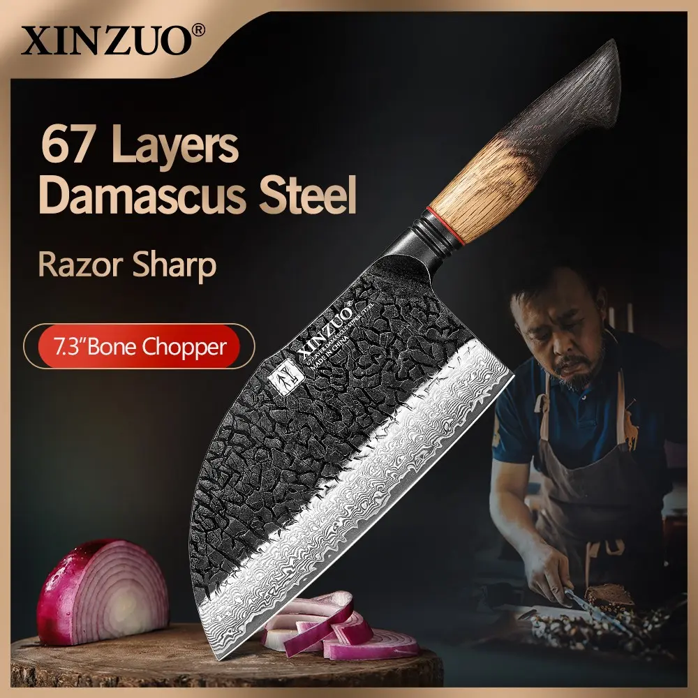 XINZUO Mo Series Damascus Steel Bone Chopper, 7.28 Inches in Length, Features 67 Layers of Damascus Super Steel Blade, 60±2 HRC Core Hardness, 15°±1 Edge Angle per Side, North American White Oak + Red G10 Handle, and Comes in an Exquisitely Designed Gift