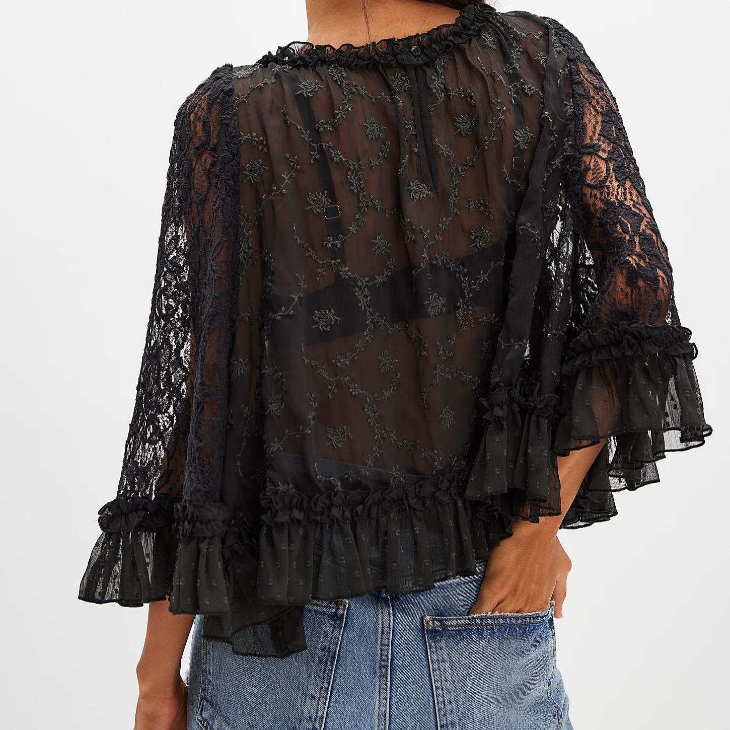 Women's Summer Trendy Lace T-Shirt Long Flared Sleeve Round Neck Sheer Party Tops