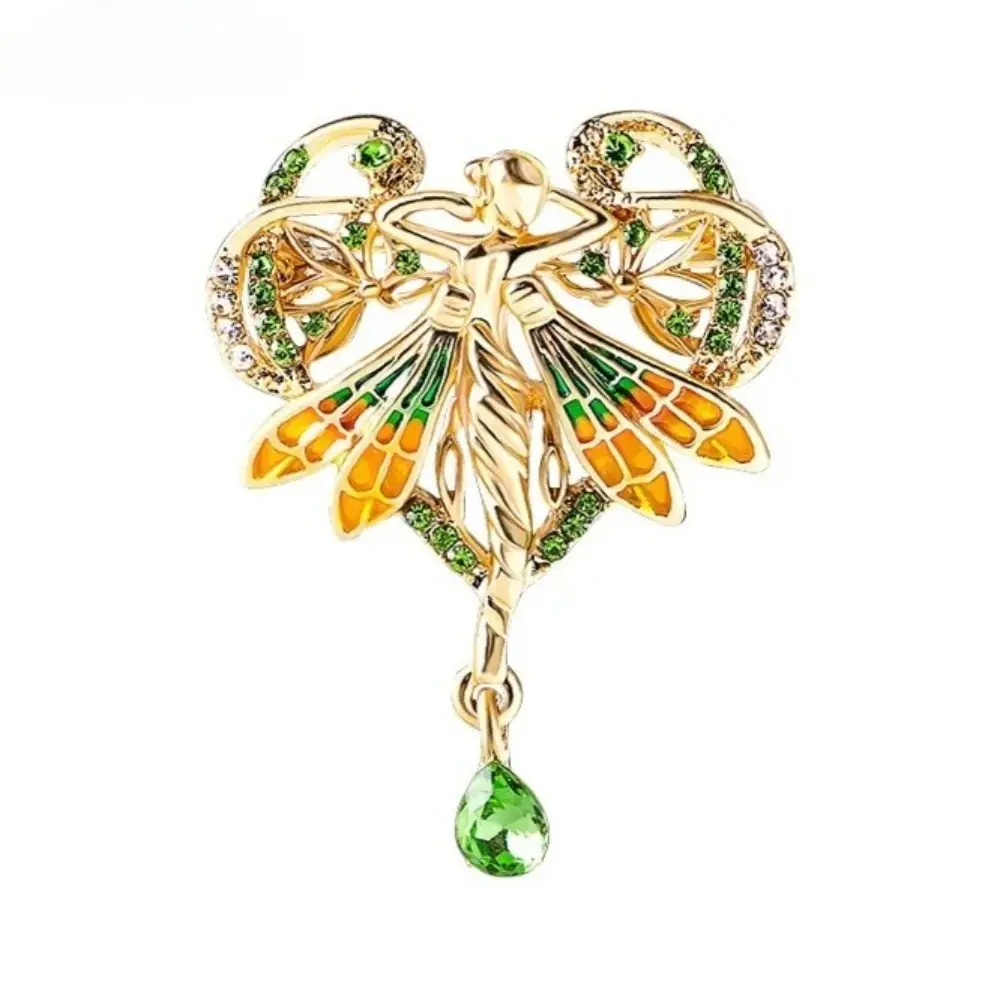 Luxury Angel Wings Enamel Pendant Brooches Retro Palace Style Crystal Drop Oil Badges Suit Coat Accessories