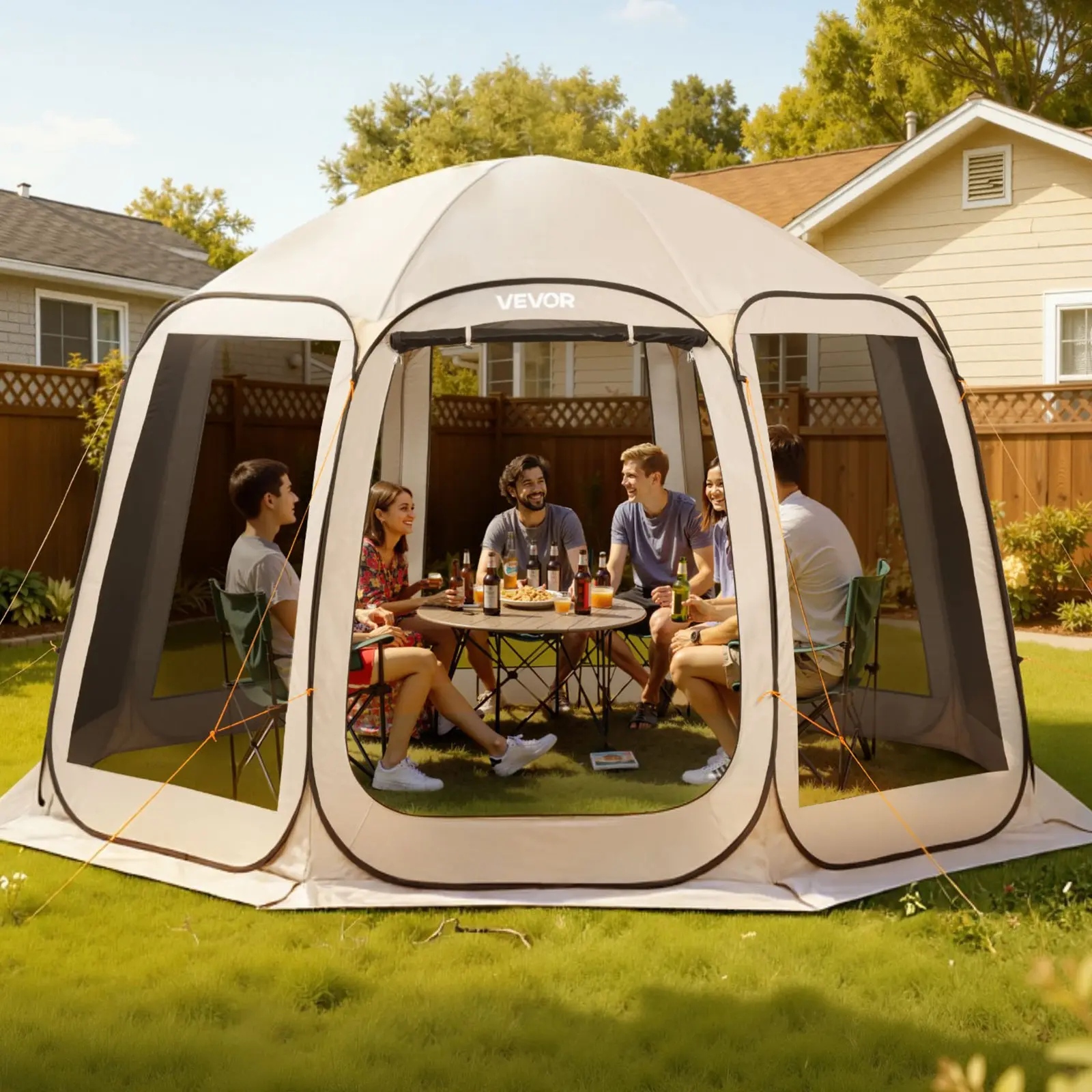 VEVOR Screen House Tent, 12x 11 ft, 10-12 Person Pop Up Screen Tent, Portable Screened in Canopy with Carry Bag, Netting Sides, Ground Stakes, for Garden, Patio, Backyard, Outdoor Activities, Beige