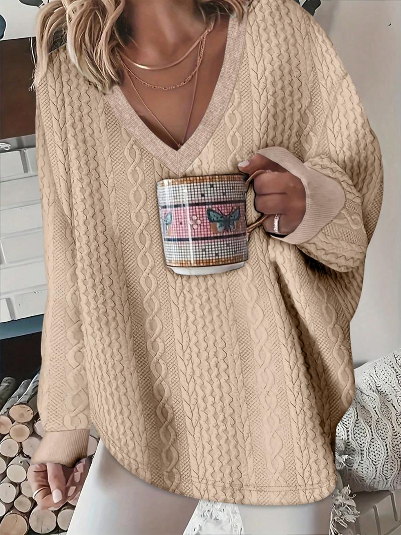 Women's Plain Jacquard Drop Shoulder V Neck Tee, Casual Long Sleeve T-Shirt for Fall & Winter, Women's Clothing for Daily Wear