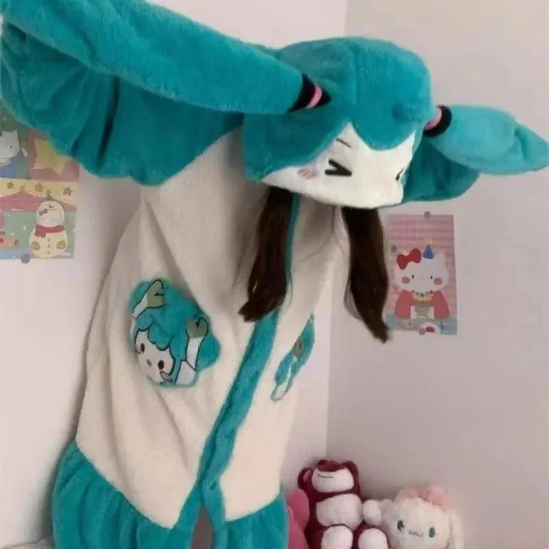 anime Hatsune Miku Hooded Coral Velvet Winter Pajamas For Women Thickened Mid-Length Warm Nightgown For Girls Home Wear Gift