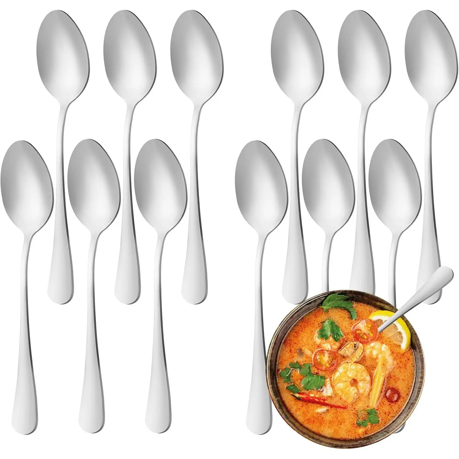 12-Piece Food-Grade Stainless Steel Dinner Spoons Set, 7in Mirror Polished Tableware, Durable Cutlery for Home & Kitchen, Dishwasher Safe