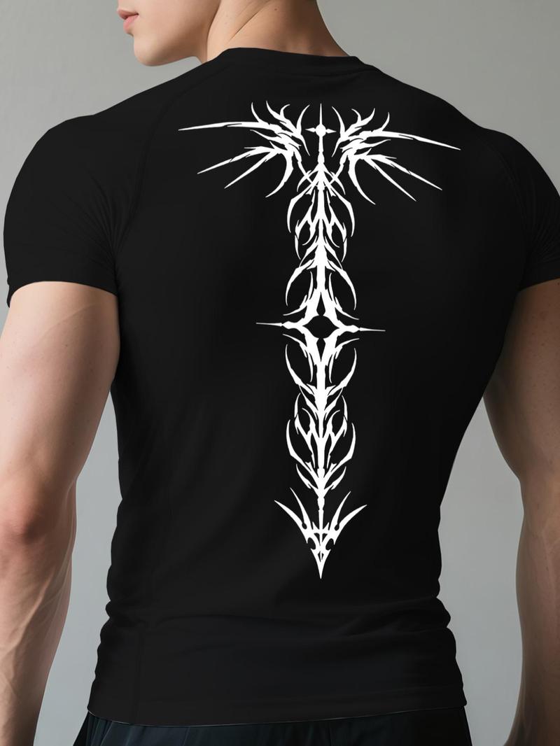 Men's Gothic Wing Print Short Sleeve Tee, Quick Drying Breathable T-shirt for Gym Workout Running, Casual Sporty Top for Summer