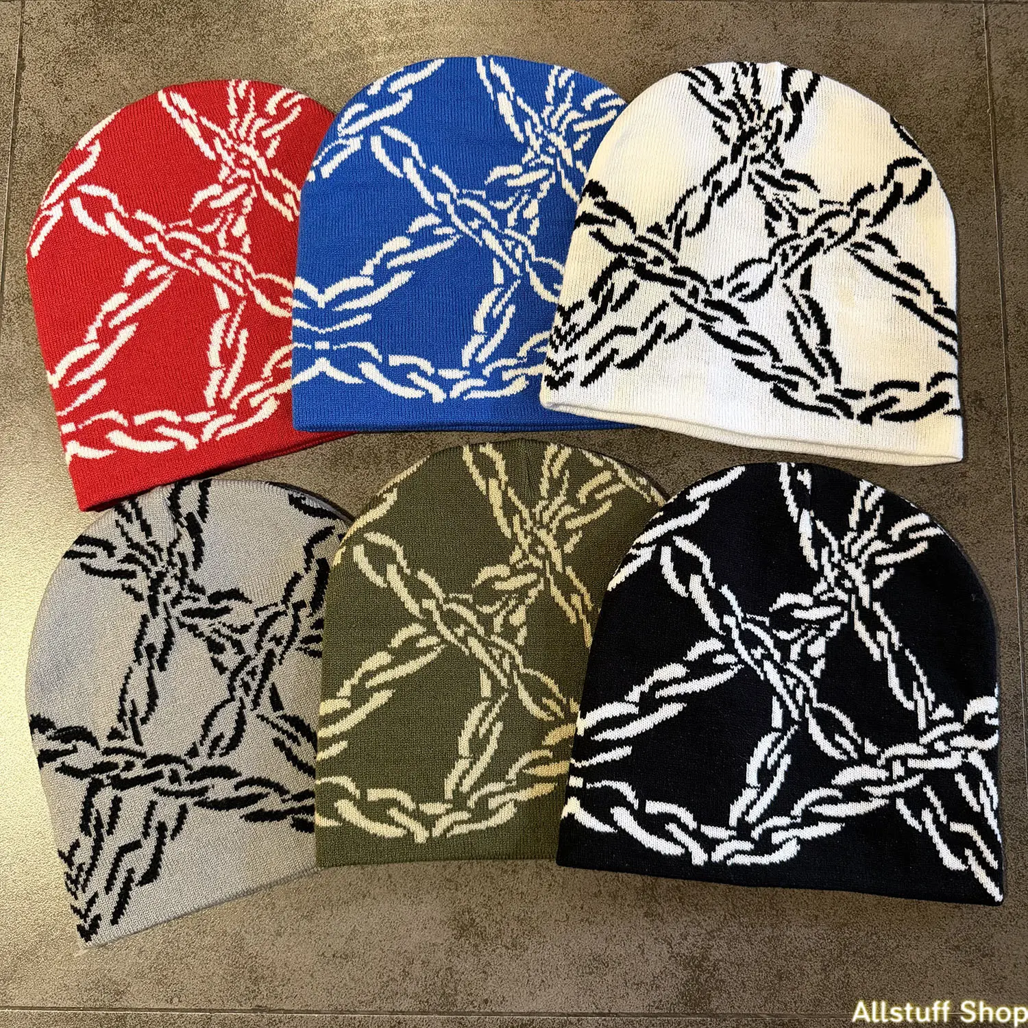 Y2K Chain Print Knit Beanie Hat, Retro chain-pattern knit beanie—a stylish, street-style warm brimless hat. Hip Hop Street Style Soft Skull Cap for Women Men Winter Daily Wear