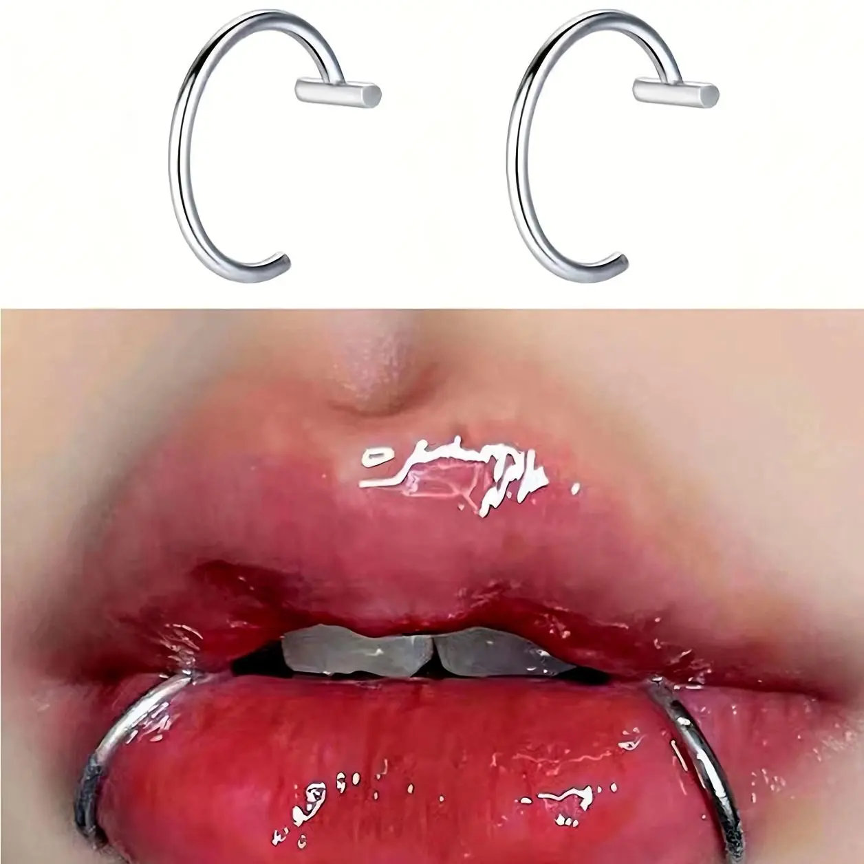 2pcs 304 Stainless Steel Lip Rings, C-Shaped Personalized Punk Style, Individually Packaged, No-Punch Hip-Hop Fake Lip Nail Piercing Jewelry, Unisex, Suitable for Daily Parties And Disco Wear