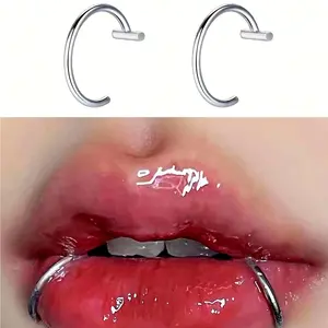 2pcs 304 Stainless Steel Lip Rings, C-Shaped Personalized Punk Style, Individually Packaged, No-Punch Hip-Hop Fake Lip Nail Piercing Jewelry, Unisex, Suitable for Daily Parties And Disco Wear