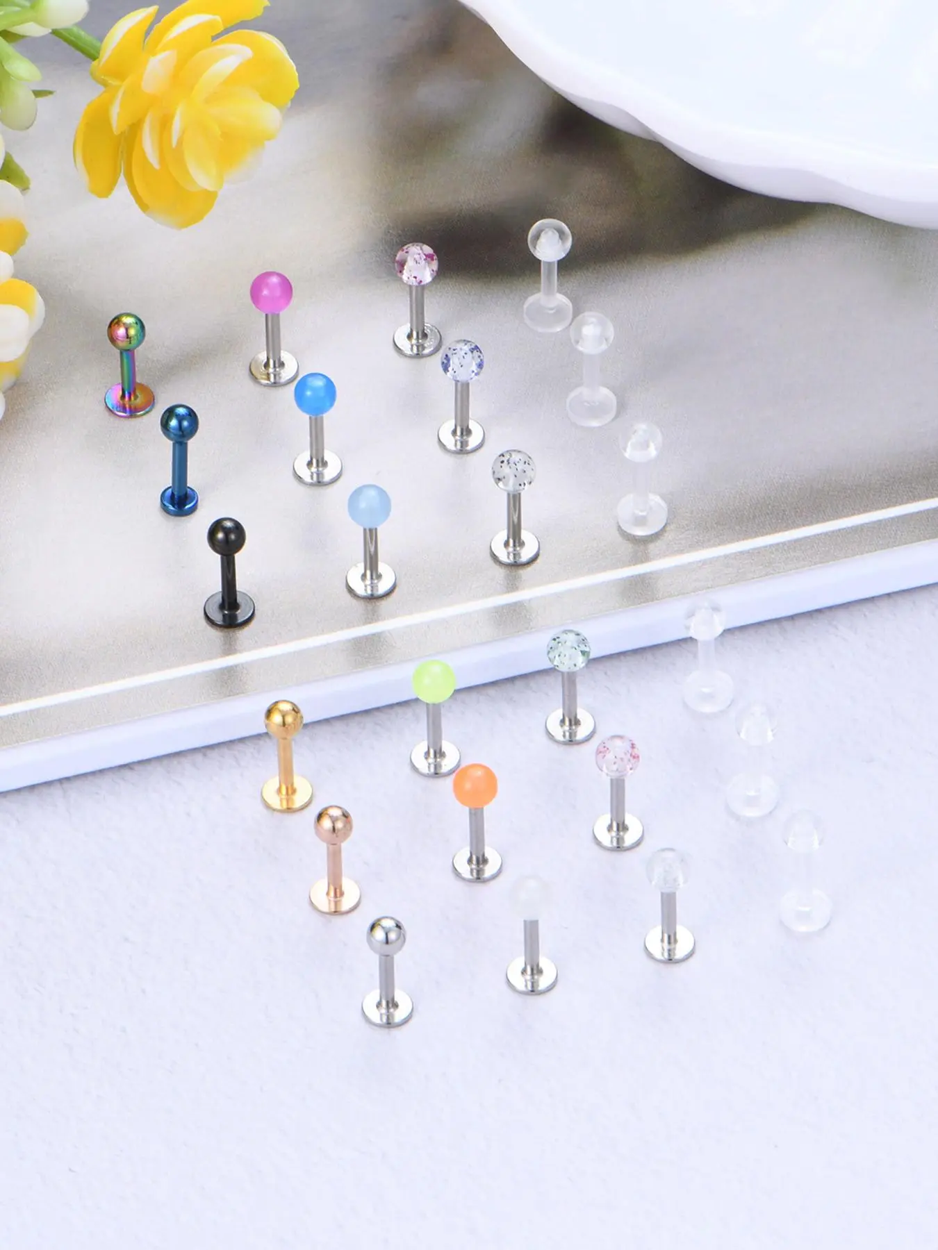 Colorful Lip Ring (24pcs), Stainless Steel Tragus Earrings, Helix Conch Cartilage Earrings, Fashion Piercing for Women and Men