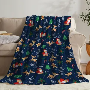 1pc Christmas Theme Flannel Blanket with Classic Christmas Elements Patterns of Santa Claus, Reindeer, Gingerbread for Man, Christmas Tree, Holly Leaves, Candy Canes, Etc. - Ideal Holiday Gift for Friends, Family, and Relatives