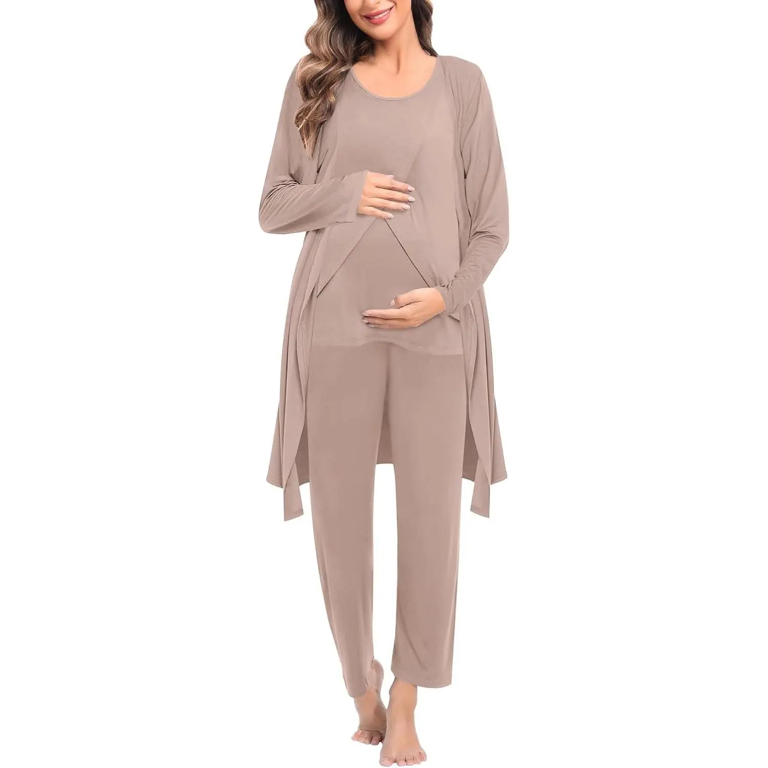 Maternity Nursing Robe Set 3 PCS Postpartum Breastfeeding Pajamas Hospital Pregnancy Pjs Double Layer Lounge Set