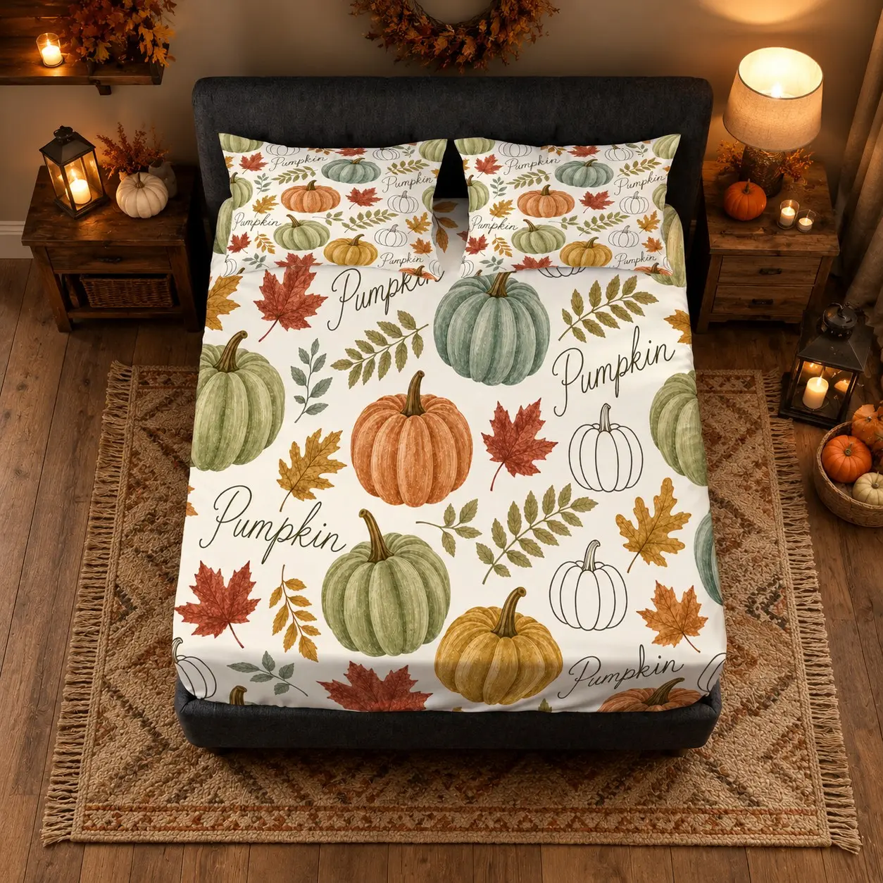 3PCS Vintage Farmhouse Fall Pumpkin Maple Leaf Fitted Sheet Set, 1 Fitted Sheet + 2 Pillowcases, No Inserts, For Bedroom & Dorm, Perfect Thanksgiving Autumn Home Decor & Holiday Gift