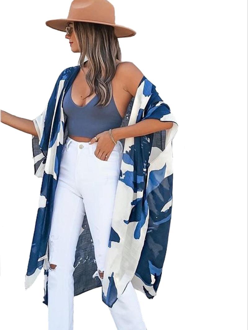 Women's All Over Print Batwing Sleeve Cover Up, Casual Half Sleeve Asymmetrical Hem Cover Up for Summer Beach Vacation, Fashion Women's Swimwear Coverups