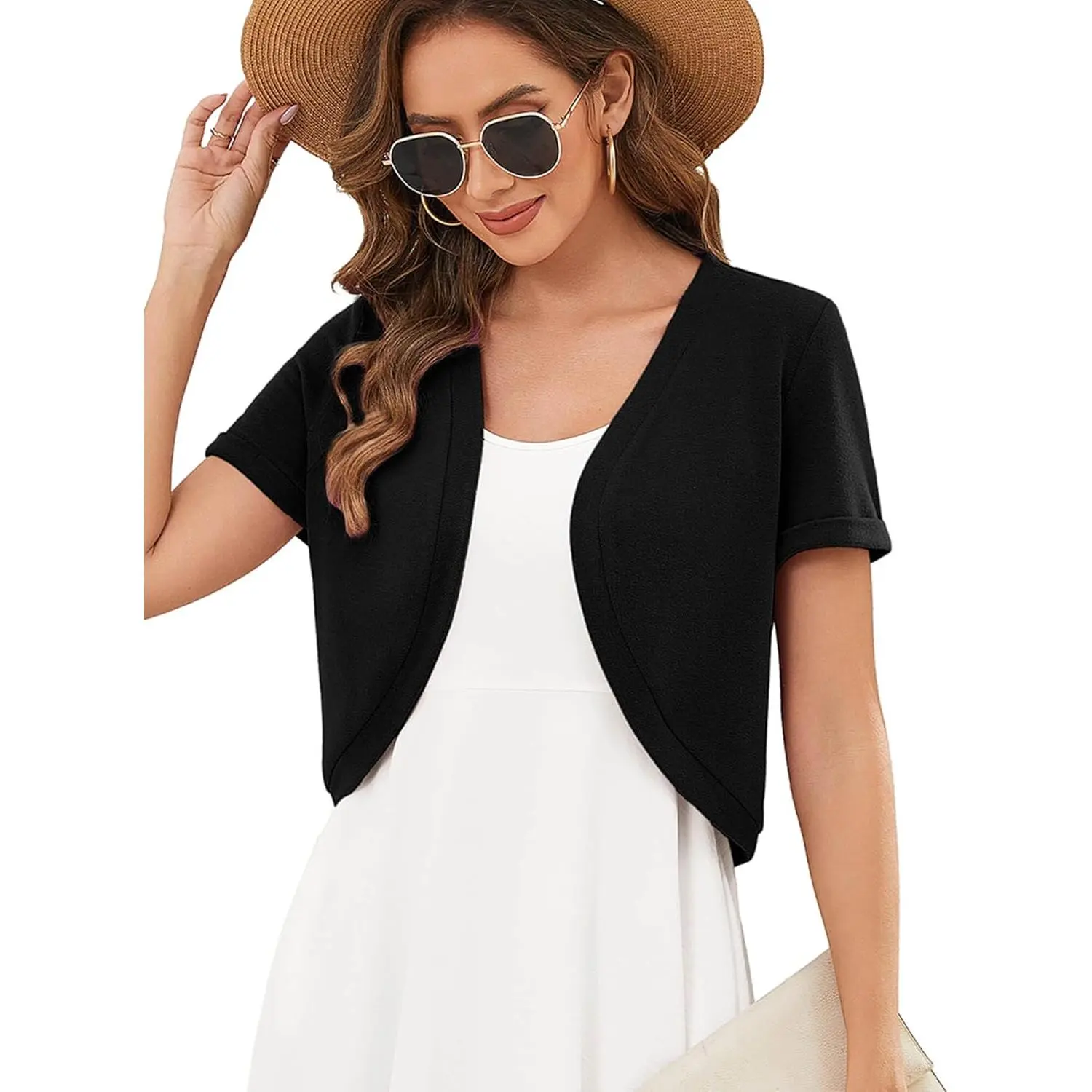 Women's Short-Sleeve Bolero Shrug Tops, Lightweight Open-Front Cropped Cardigan, Casual Clothes