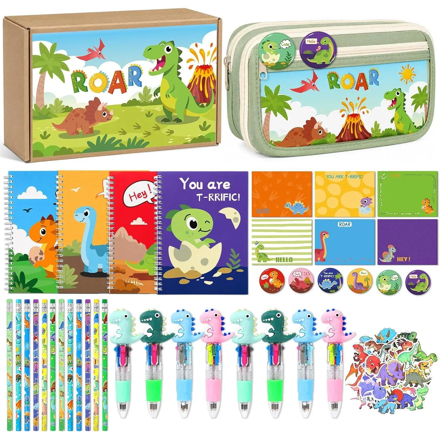 Whimsical Cartoon Theme Dinosaur Stationery Gift Set with Playful Look, Printed Graphics Wooden Pencils for School Office Supplies