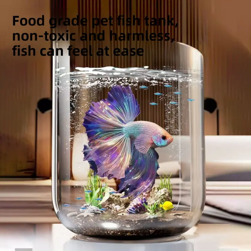 Transparent PET Aquarium for Goldfish, Small Creative Ecological Round Cylinder, Large Turtle Tank with Decorative Accessories