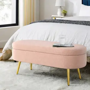 ARCH Oval Storage Ottoman Bench with Flannel Upholstery and Metal Legs, Footstool with Hidden Storage Compartment, Soft Foam Seat for Living Room Bedroom Entryway, Multiple Color Options Available, Black/Brown/Dark Blue/Dark Gray Color Options