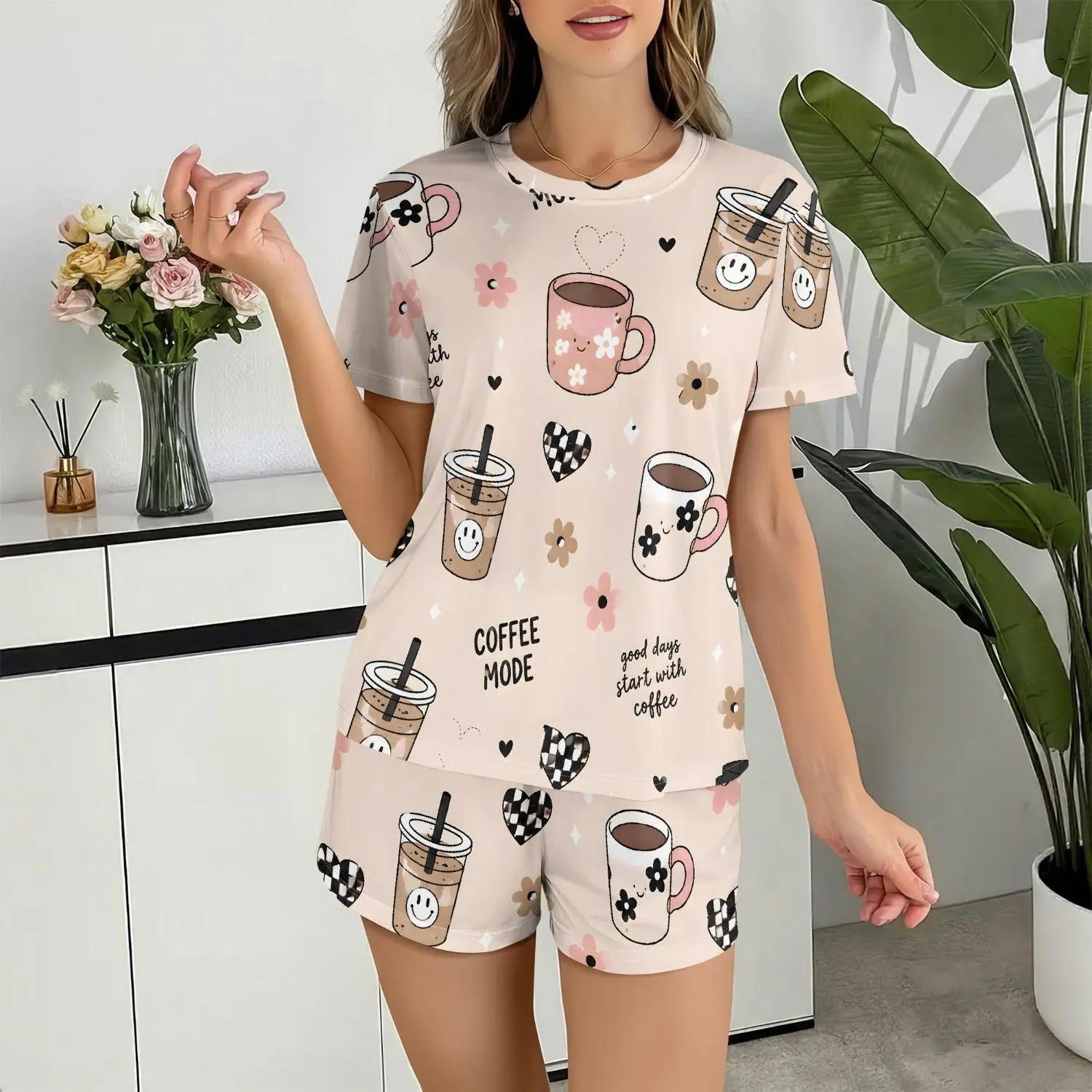 Women’s Soft Summer Lounge Sleepwear 2 Piece Outfit, Coffee Print Cute Short Sleeve Blouse And Matching Elastic Waist Shorts Pajama Set