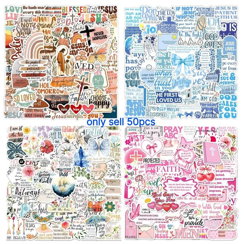 50-Piece Jesus Phrase Sticker Pack-Graffiti with Biblical Motivational Quotes, Waterproof Decor Stickers for Suitcase, Water Bottle, Laptop, Pencil Case, Scrapbook &, Perfect for Fa Sticker Sheets, Scrapbooking Stickers