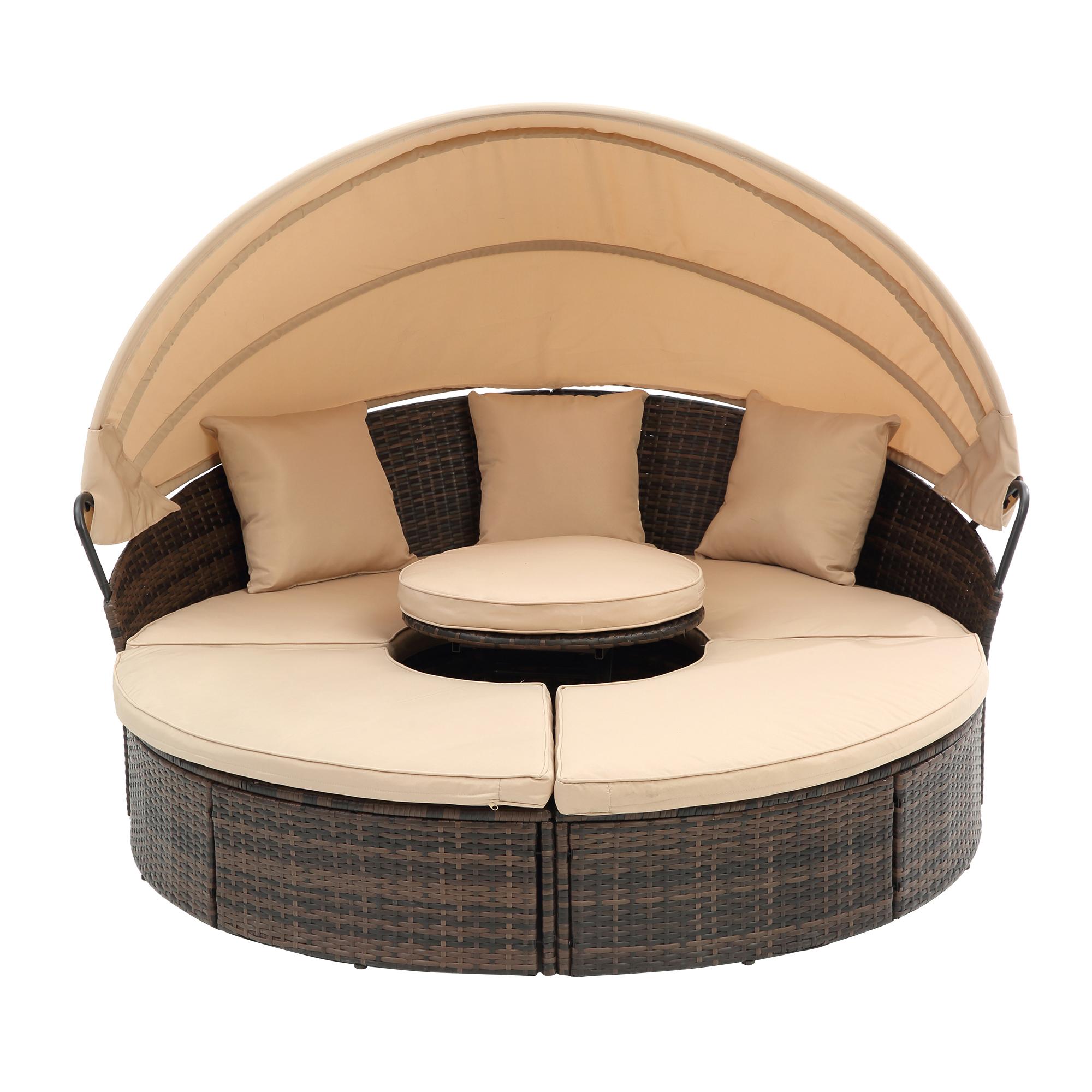 ARCH Hot Sale KD Rattan Round Lounge With Canopy Bali Canopy Bed Outdoor, Wicker Outdoor Sofa Bed with lift coffee table