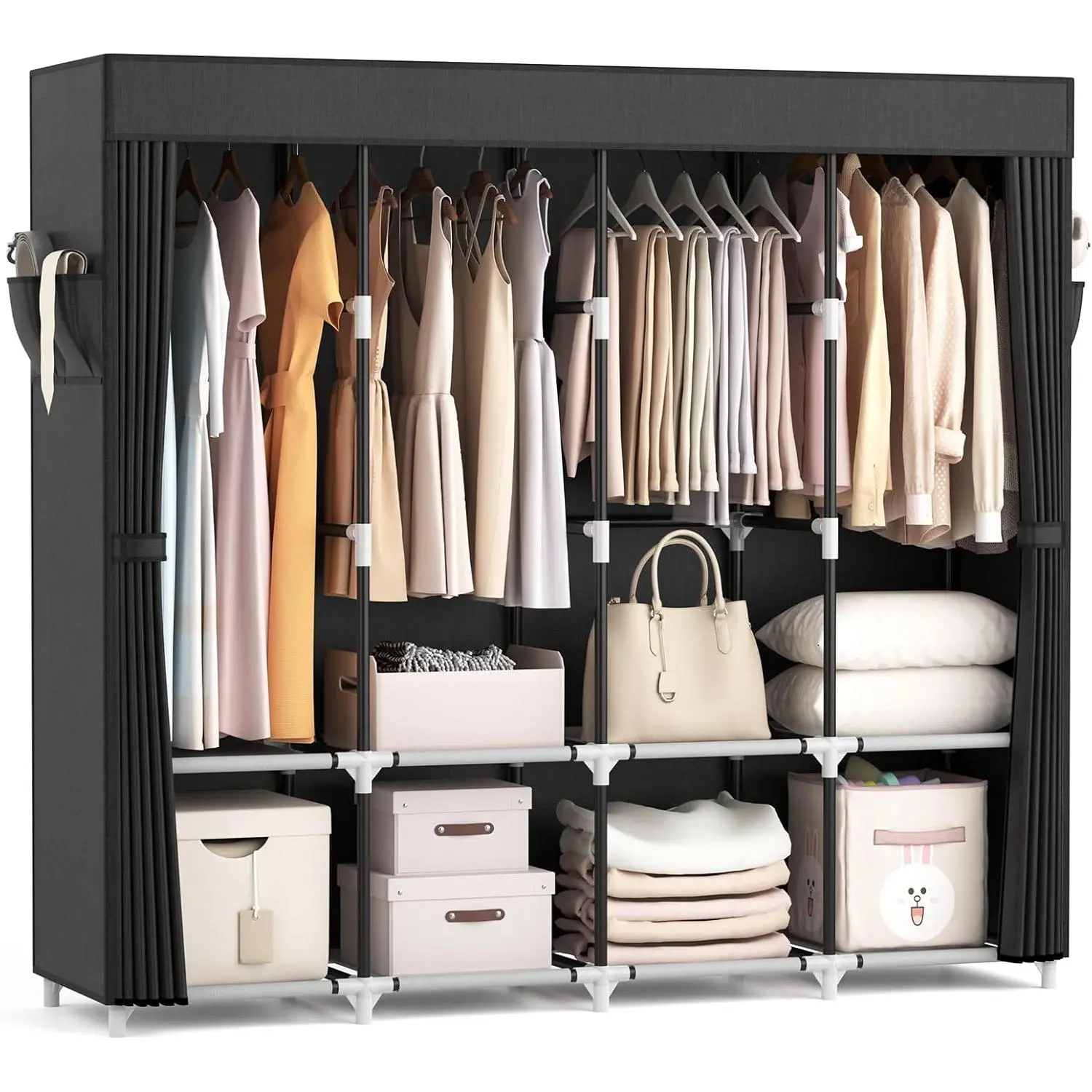 Portable Closet for Hanging Clothes 67 Inch Wide Large Capacity Portable Wardrobe Closet with Cover, 4 Storage Shelves and 4 Hanging Rod Sturdy Free Standing Closet for Bedroom, Black