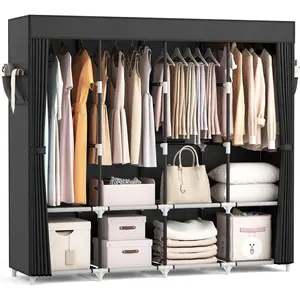 Portable Closet for Hanging Clothes 67 Inch Wide Large Capacity Portable Wardrobe Closet with Cover, 4 Storage Shelves and 4 Hanging Rod Sturdy Free Standing Closet for Bedroom, Black