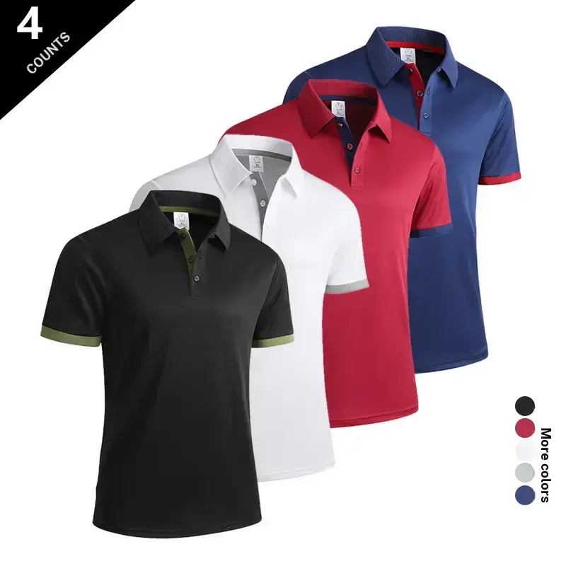 Men’s Business Casual Polo Shirt, 4 Pack — Color block cuffs, trendy design; quick drying, breathable, sweat wicking, skin friendly. Suitable for daily commuting, business meetings, gym workouts, and more. Available in multiple colors at a great value. su