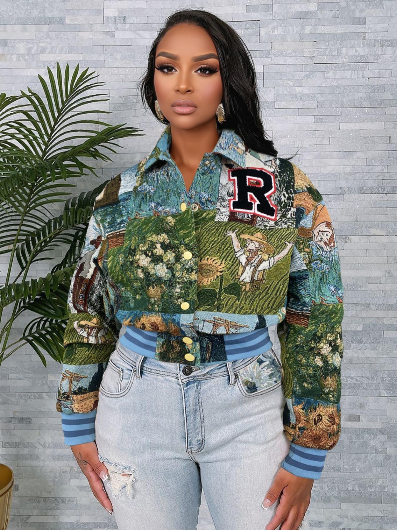 Women's Floral Print Collared Crop Varsity Jacket, Casual Fashionable Jacket, Long Sleeve Outerwear for Spring & Fall, Ladies Clothes for Daily Wear