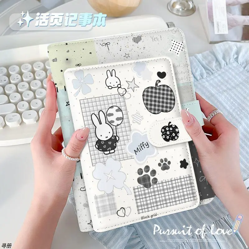Kawaii Miffy Rabbit Notebook A6 A5 Notebook with Magnetic Buckle Soft Leather Ins Planner Detachable A6 Loose-leaf Notebook