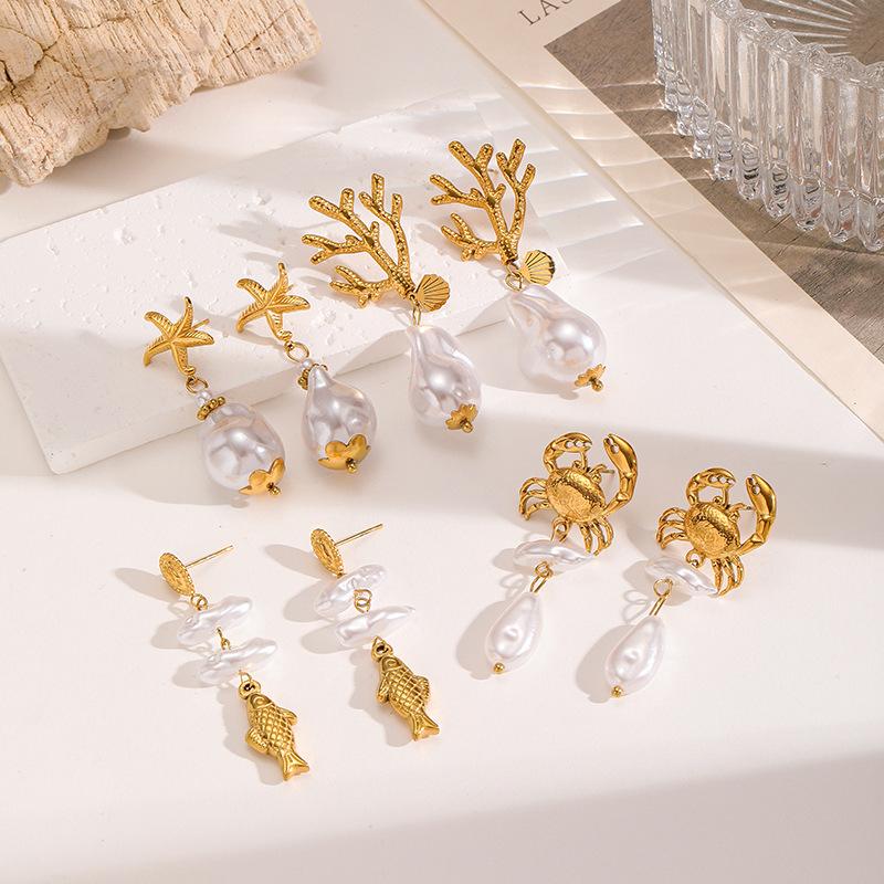Ocean Series Earrings for Women, Creative Crab, Starfish, Scallop, Pearl Earrings, Light Luxury Earrings, Stainless Steel Earrings, Resistant to Fading