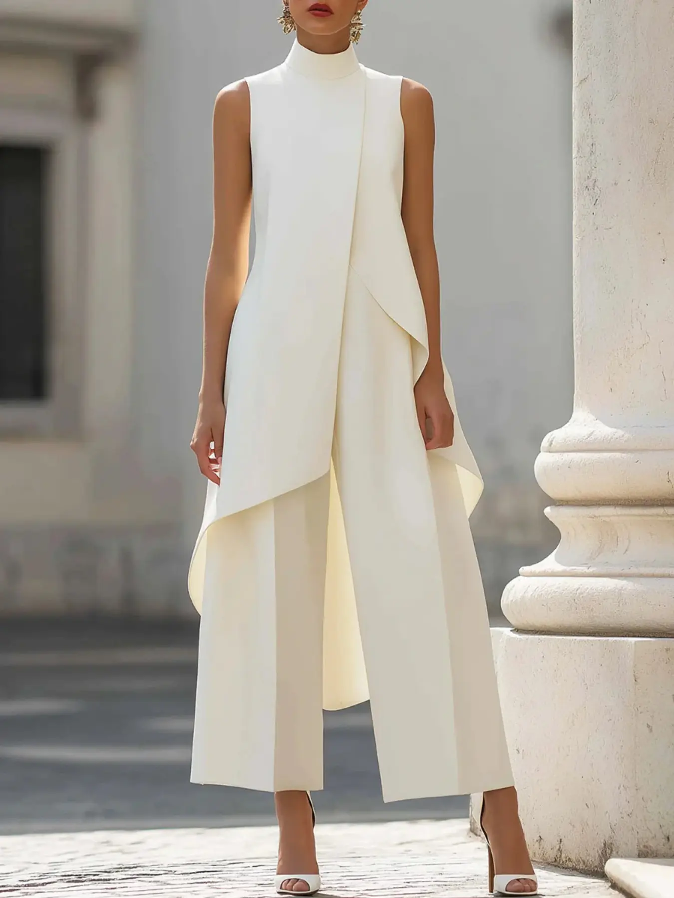 Commuter Slimming Irregular Design High Neck Sleeveless Blouse Layered Wide Leg Pants Two-Piece Set, Casual Spring and Fall Clothes