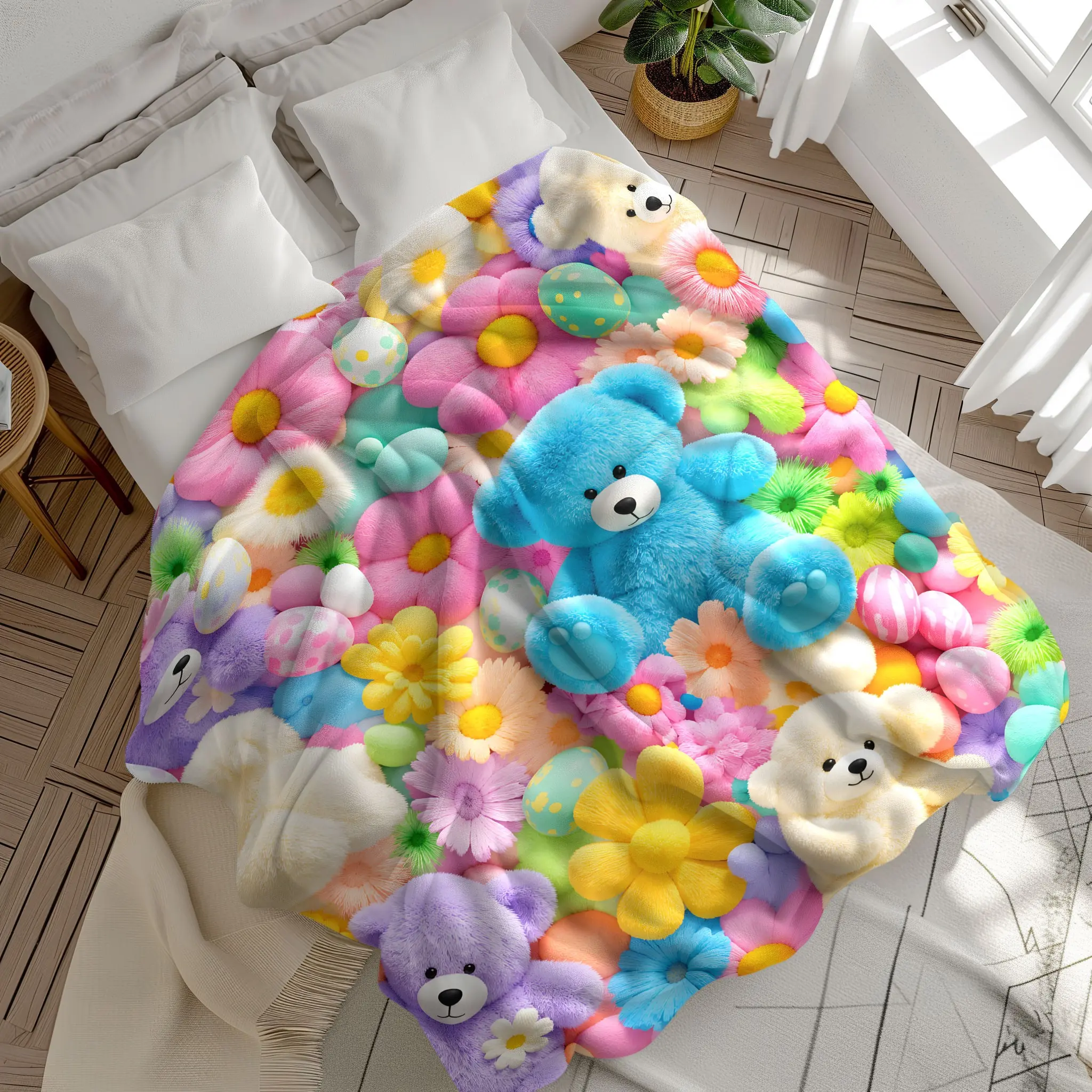 Colorful Teddy Bear Flannel Blanket, Soft Plush Throw with Cute Flower Easter Egg Print, Cozy Kids Gift for Sofa Bed Nap Travel