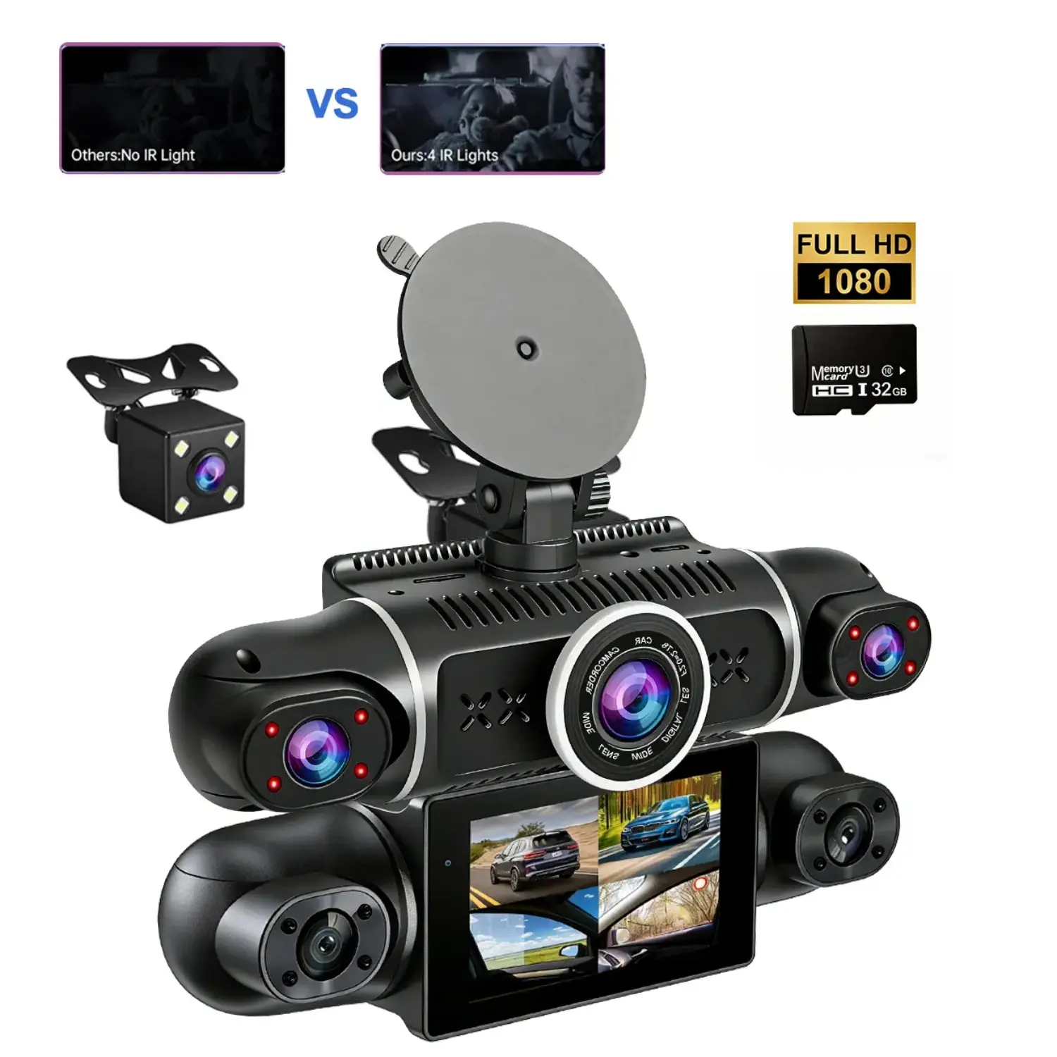 4/3 Channel Car Dash Cam 1080P HD DVR with 32GB Memory Card  support WiF iNight Vision Parking Mode 3.16-inch IPS s creen  Front Rear Left Right Cameras Front 1080, Left inner 480P, Right inner 480P, Rear 480P